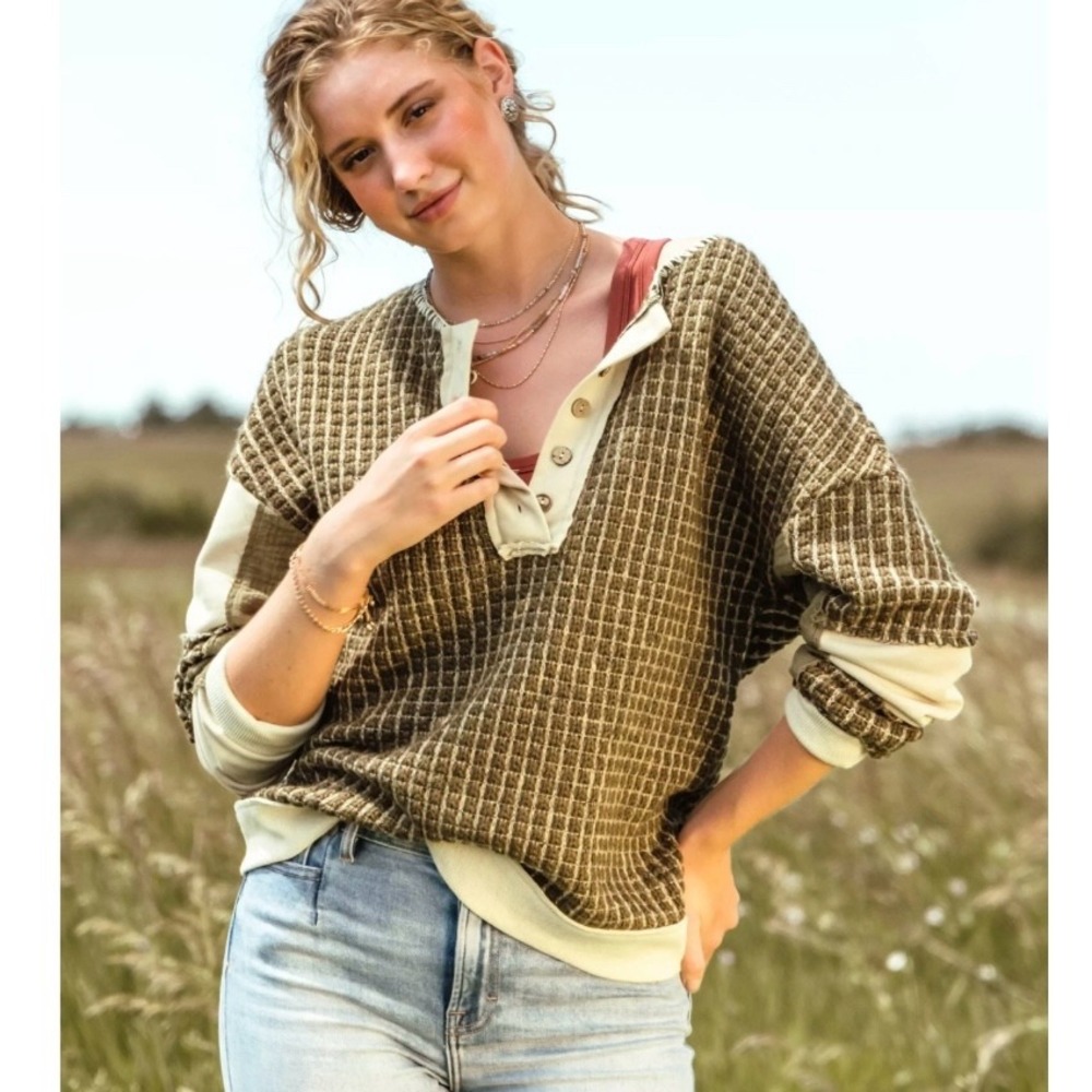 Gimmicks BKE Checker Henley Wool Mohair Blend Olive Loose Fit Sweater Sz L Boho